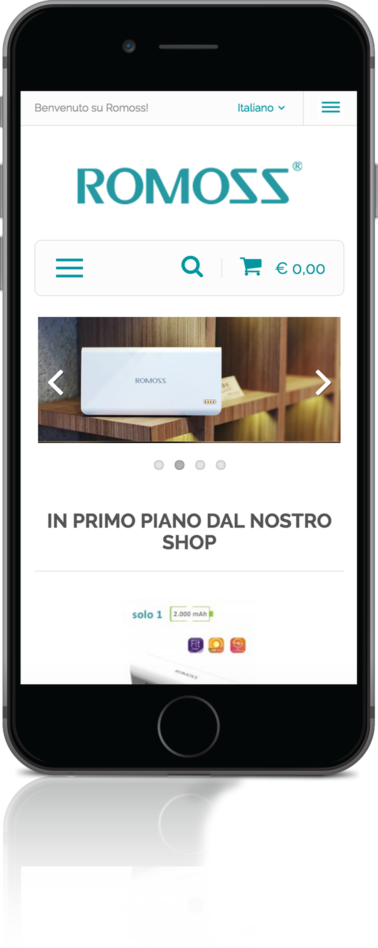 mockup iPhone dello sviluppo del sito web ecommerce responsivo per Romoss visibile da mobile
