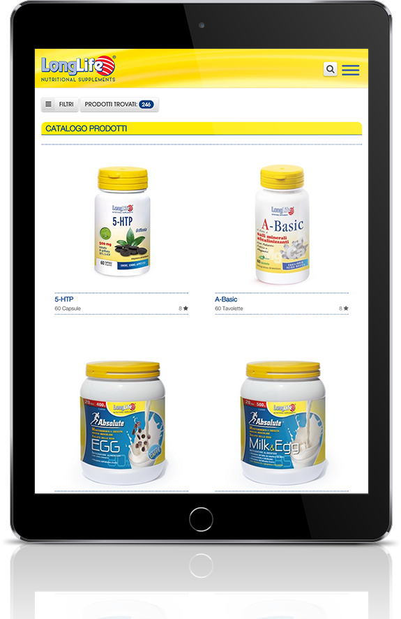 mockup dello sviluppo del sito internet responsivo ecommerce per lo shop online degli integratori longlife navigabile anche tablet