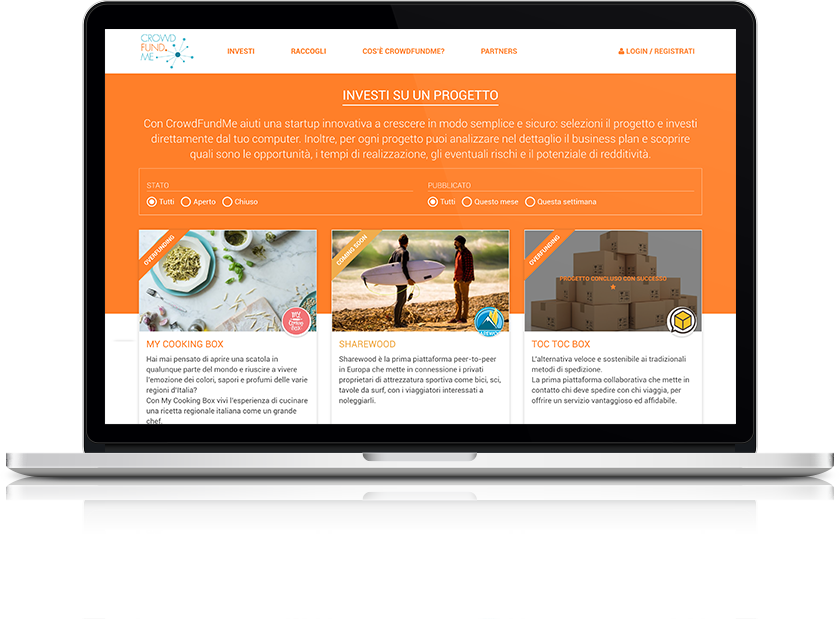 mockup dello sviluppo dei progetti su cui investire sul sito web responsivo su laptop della startup crowdfundme