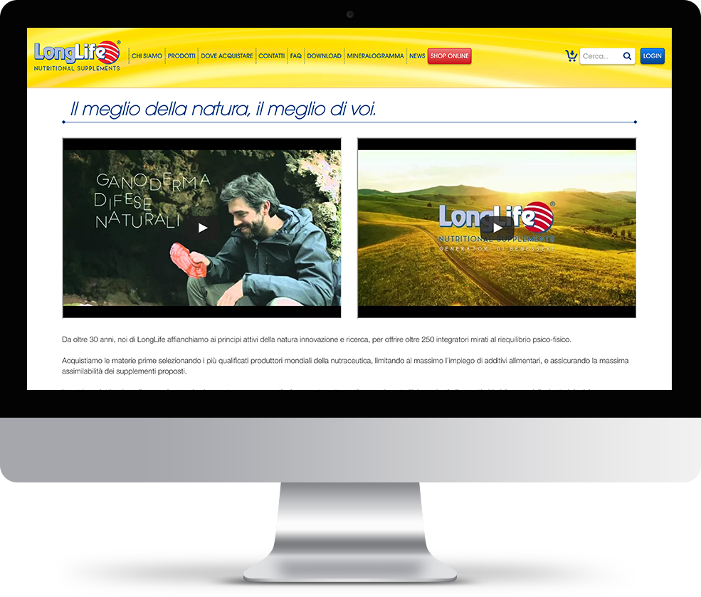 mockup dello sviluppo del sito internet responsivo ecommerce per lo shop online degli integratori longlife