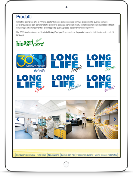 mockup dello sviluppo del sito internet responsivo ecommerce per longlife navigabile anche tablet
